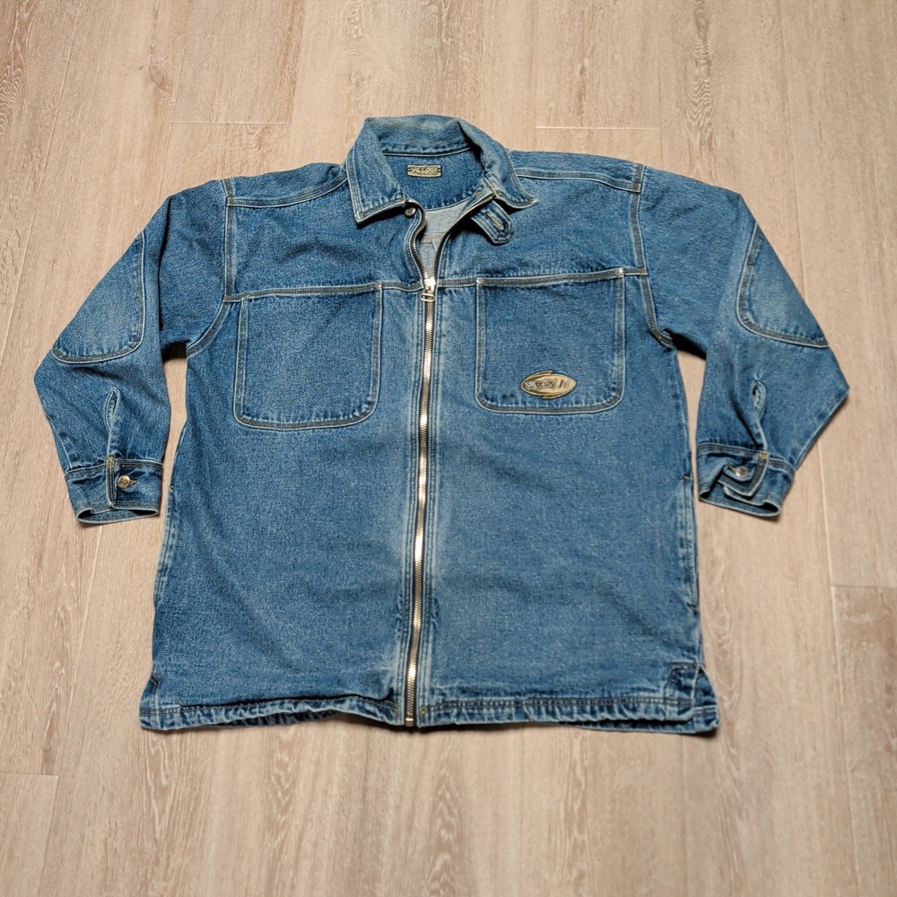 Vintage‎ 90s MacGear Blue Denim Jacket Mens XL Full Zip Skater Grunge Baggy Y2K